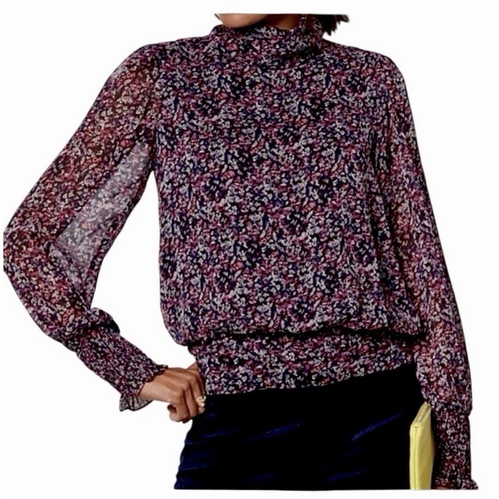 Evereve Size-L Blouse‎ Scarlett Gathered Ditsy Floral Mock Neck